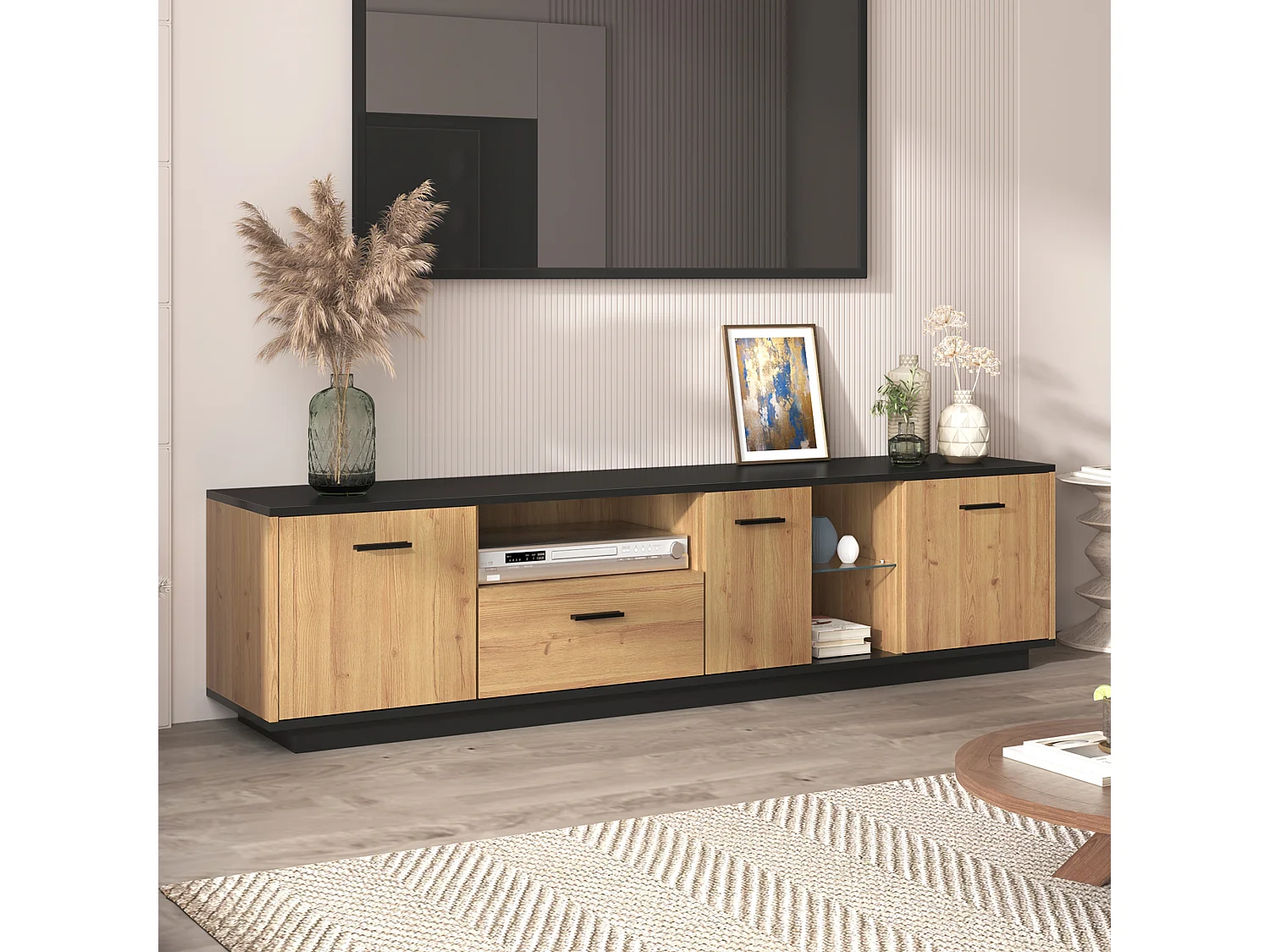 TV-meubel, met 1 lade, 3 deuren, 2 open glazen vakken, dimbare LED, MDF, zwart en hout (180x40x45cm)