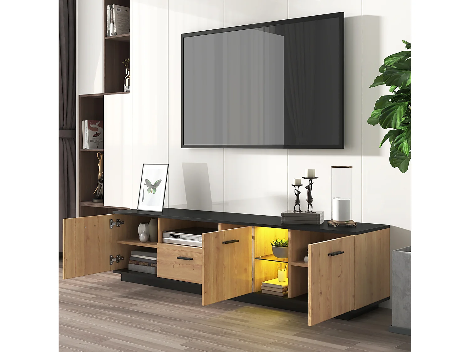 Mobile TV con 1 cassetto, 3 ante, 2 vani a giorno in vetro, LED dimmerabile, MDF, nero e legno (180x40x45cm)