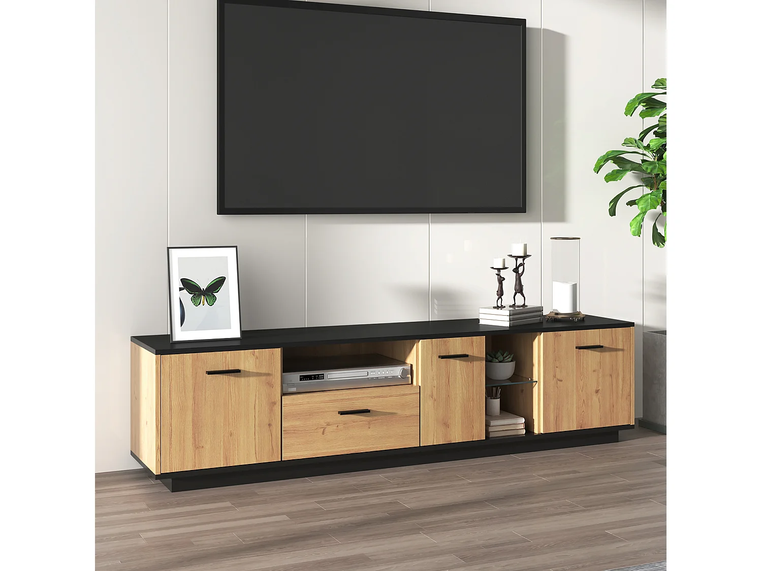 Mobile TV con 1 cassetto, 3 ante, 2 vani a giorno in vetro, LED dimmerabile, MDF, nero e legno (180x40x45cm)