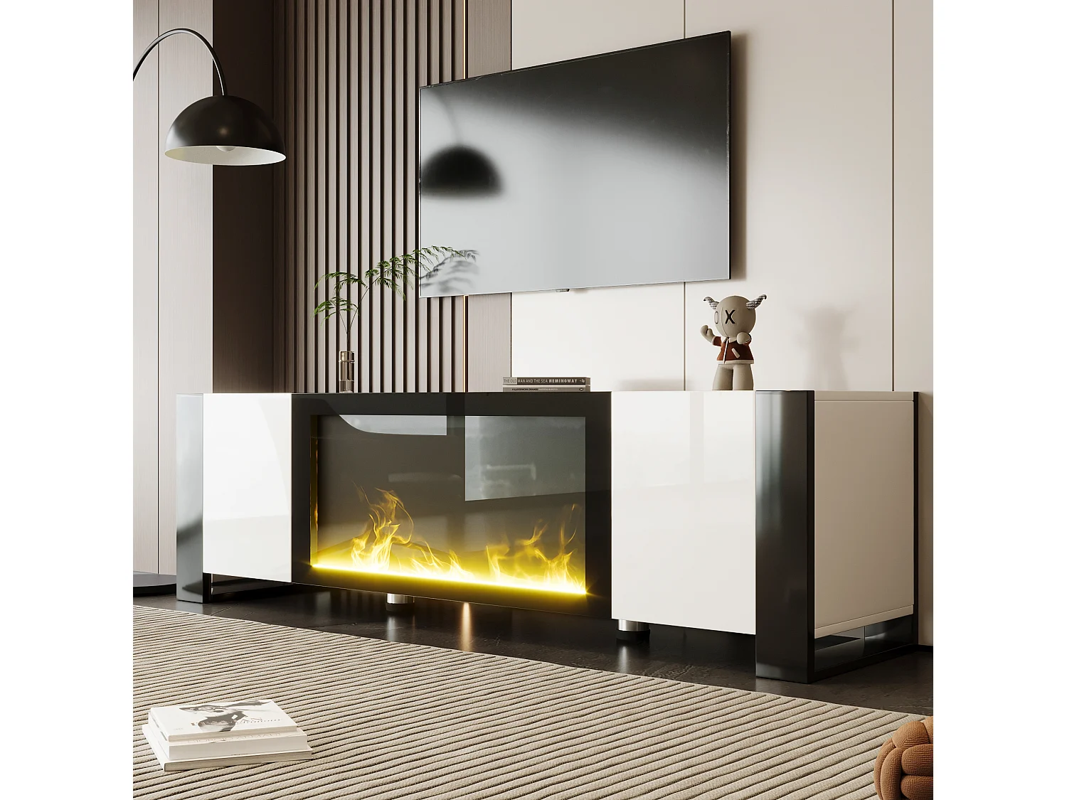 TV-meubel met decoratieve verlichting, elektrisch vlameffect (zonder verwarmingsfunctie), modern design, hoogglans, hout en zwart (165x32x55cm)