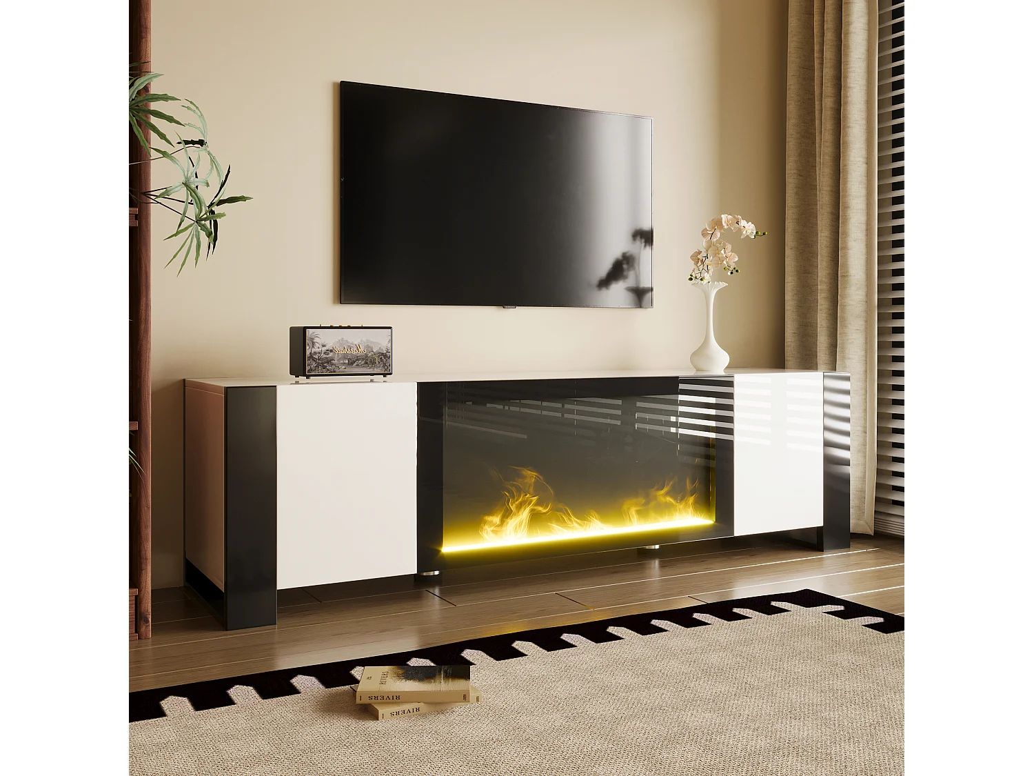 TV-meubel met decoratieve verlichting, elektrisch vlameffect (zonder verwarmingsfunctie), modern design, hoogglans, hout en zwart (165x32x55cm)