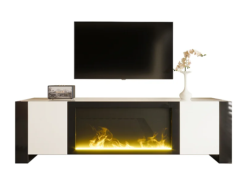TV-meubel met decoratieve verlichting, elektrisch vlameffect (zonder verwarmingsfunctie), modern design, hoogglans, hout en zwart (165x32x55cm)
