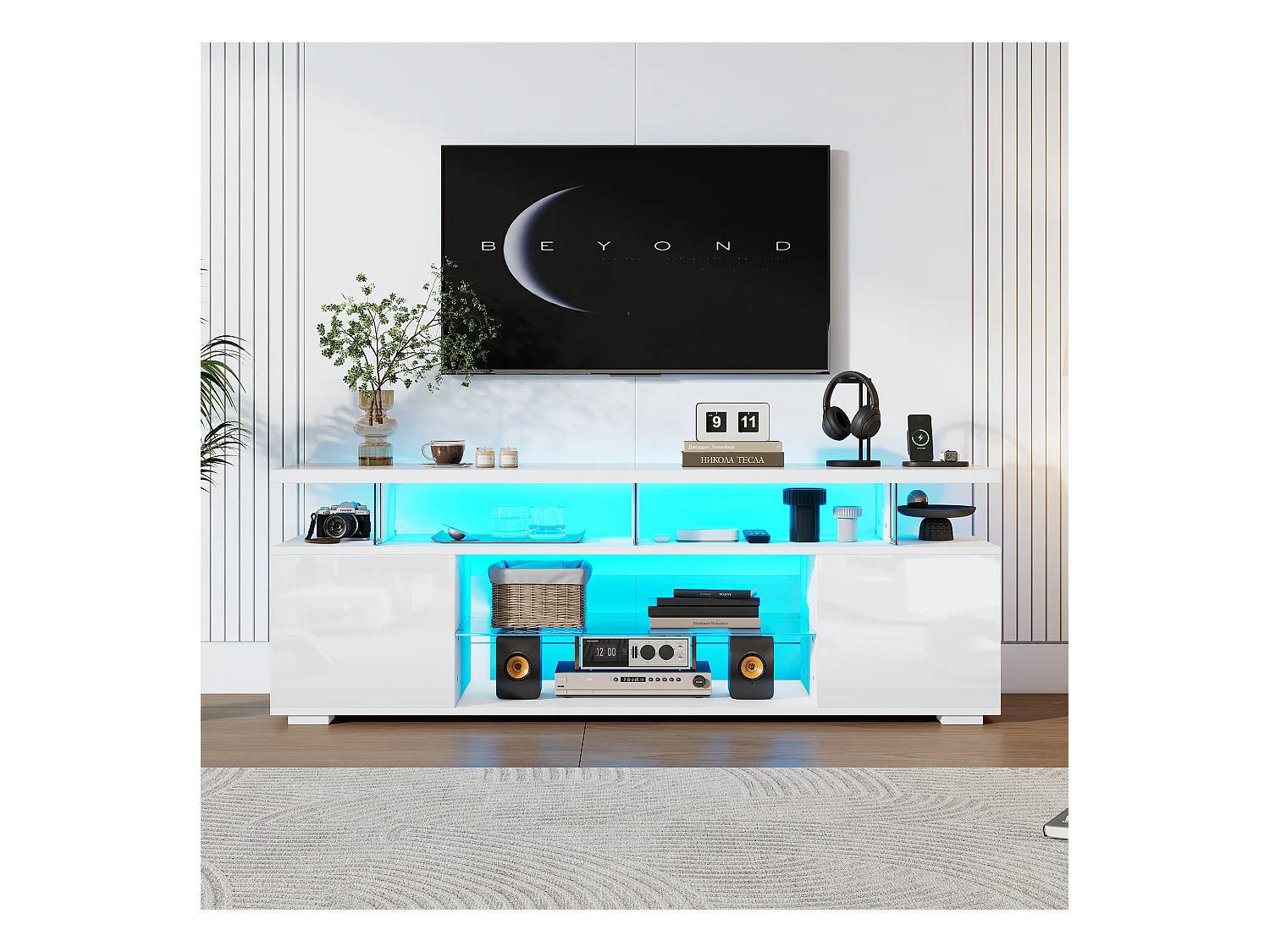 Meuble TV bas moderne avec LED, design blanc laqué, 60 pouces, rangement spacieux, panneaux en verre trempé, (195x40x53cm)