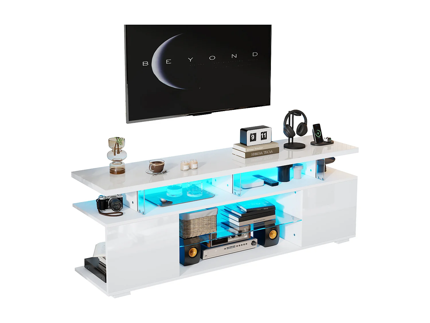 Mueble TV bajo moderno con LED, diseño lacado en blanco, 60 pulgadas, amplio espacio de almacenamiento, paneles de vidrio templado, (195x40x53cm)