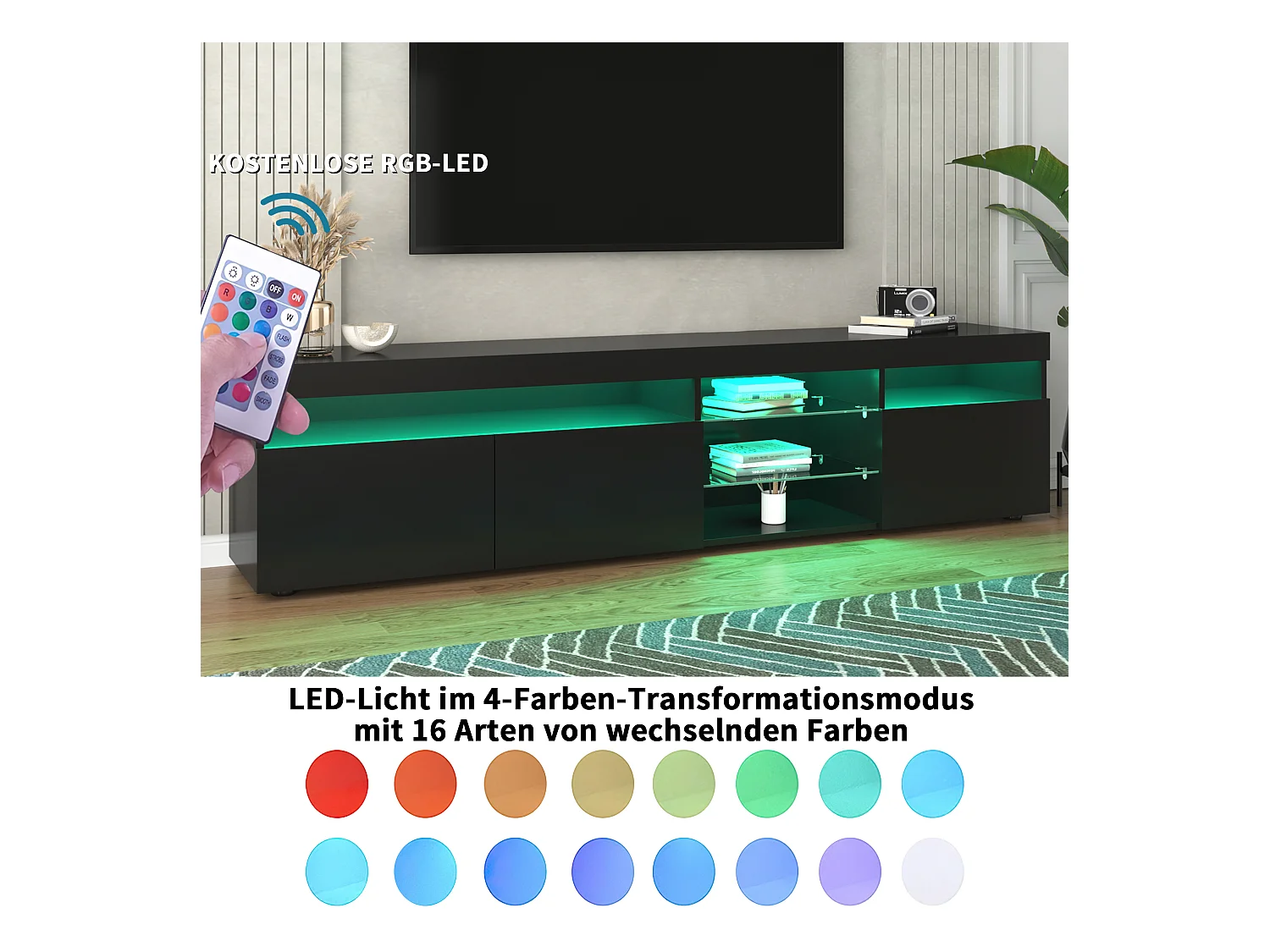 Meuble TV 180cm avec Éclairage LED, Design Moderne en MDF Noir et Blanc, 3 Compartiments, Téléviseur jusqu'à 49 pouces (180x35x45cm)