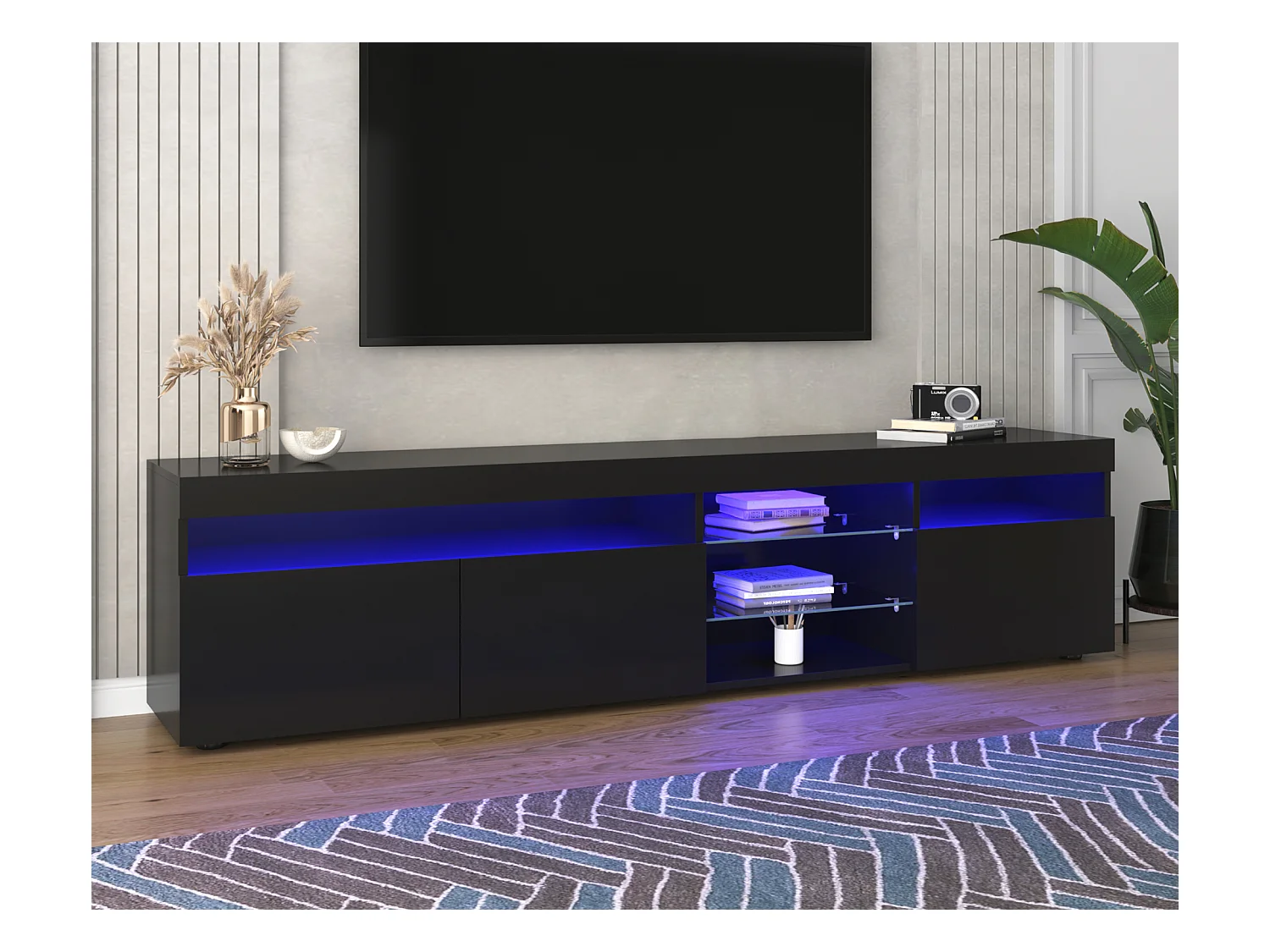 Meuble TV 180cm avec Éclairage LED, Design Moderne en MDF Noir et Blanc, 3 Compartiments, Téléviseur jusqu'à 49 pouces (180x35x45cm)