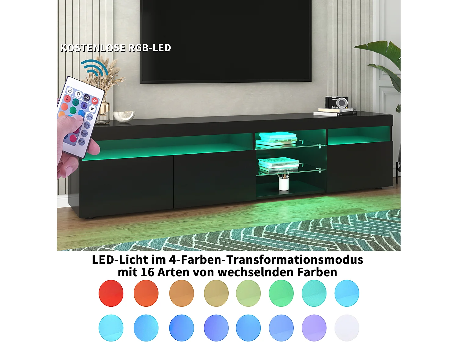 Meuble TV 180cm avec Éclairage LED, Design Moderne en MDF Noir et Blanc, 3 Compartiments, Téléviseur jusqu'à 49 pouces (180x35x45cm)
