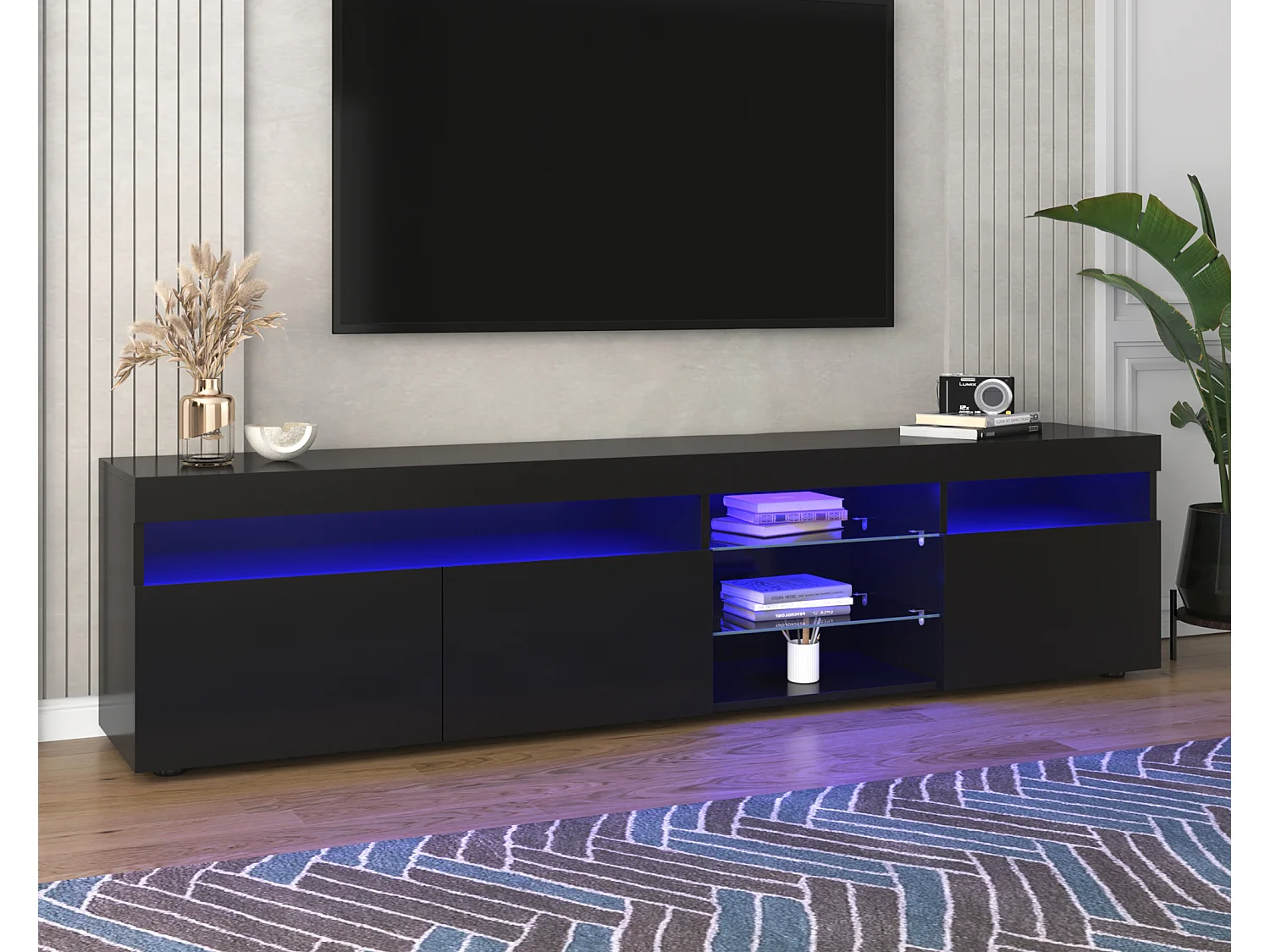 Meuble TV 180cm avec Éclairage LED, Design Moderne en MDF Noir et Blanc, 3 Compartiments, Téléviseur jusqu'à 49 pouces (180x35x45cm)