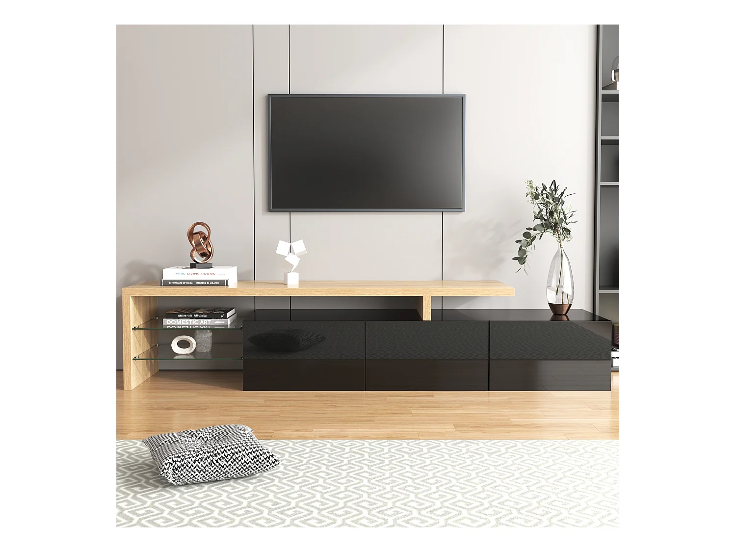 Mobile TV moderno in legno e nero con illuminazione a LED, design elegante, 197,5x39x42 cm