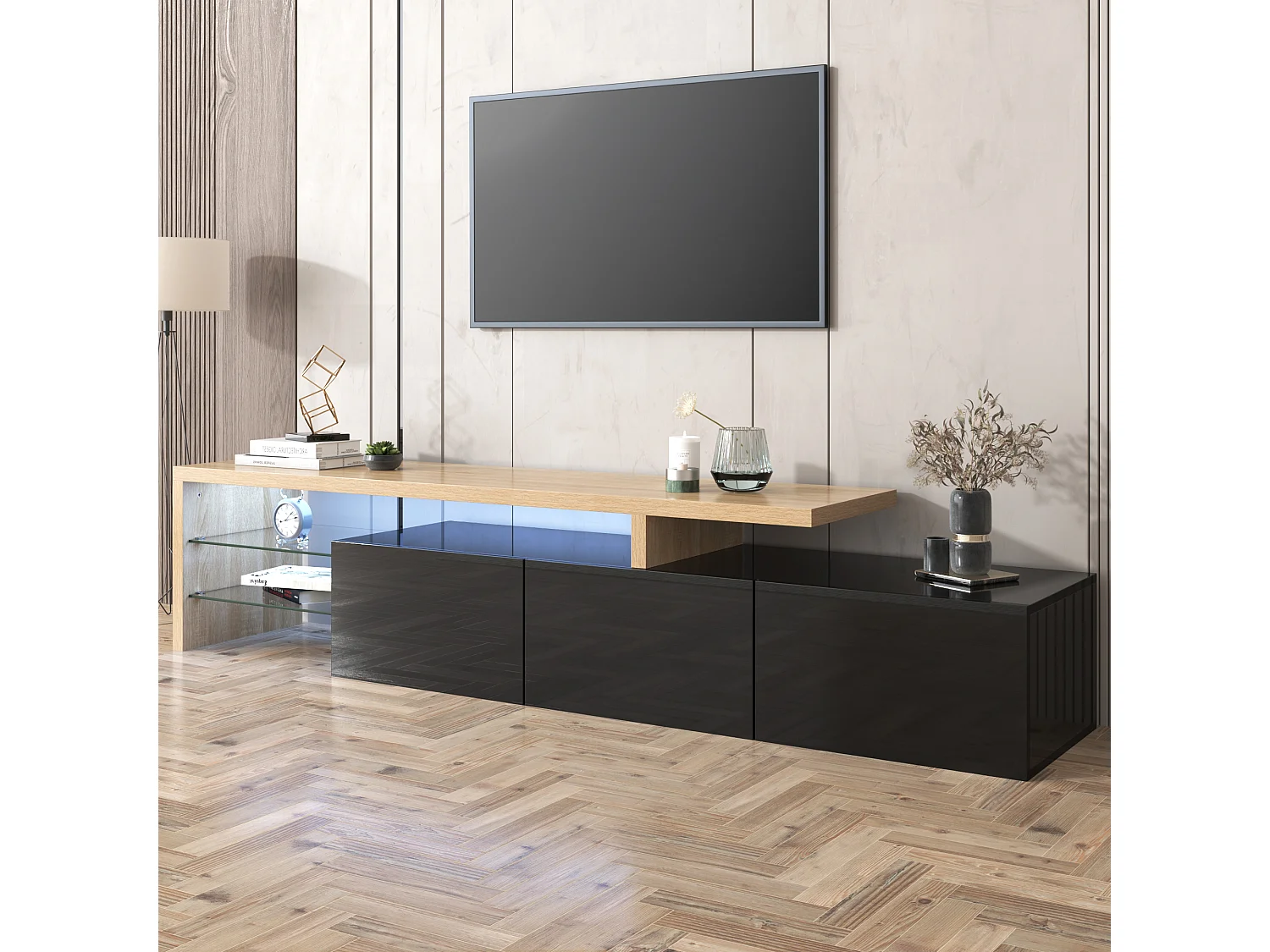 Moderne tv-kast in zwart en hout met ledverlichting, elegant design, 197,5 x 39 x 42 cm
