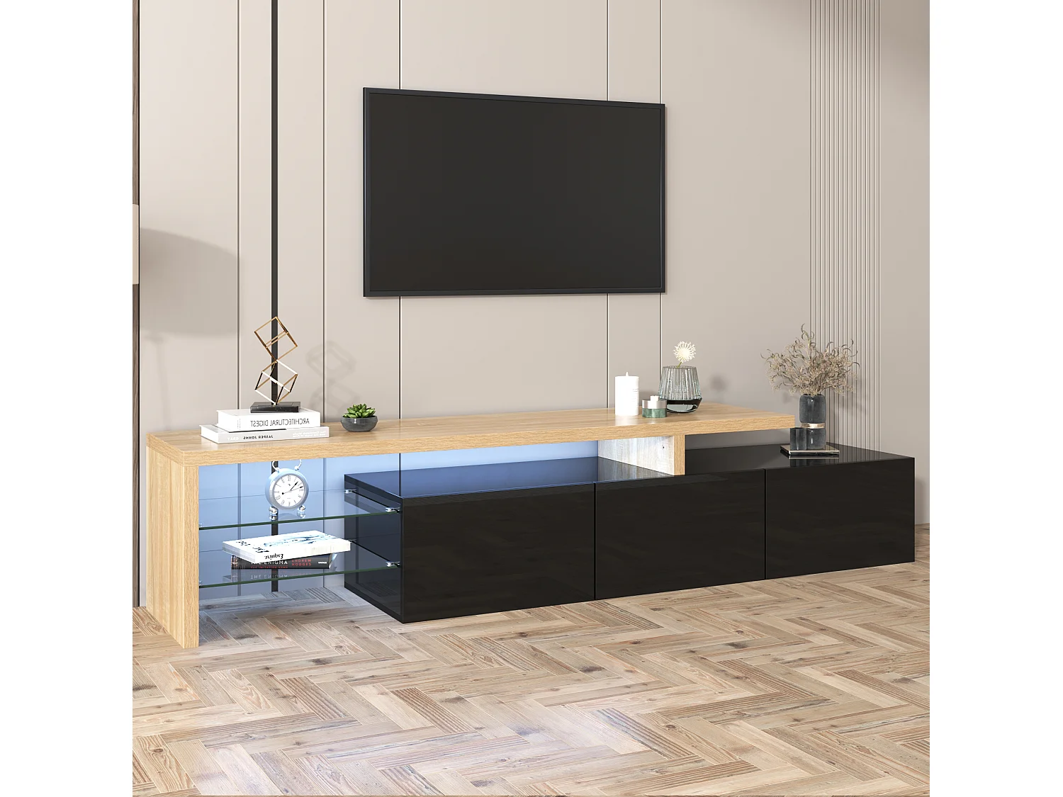 Moderne tv-kast in zwart en hout met ledverlichting, elegant design, 197,5 x 39 x 42 cm