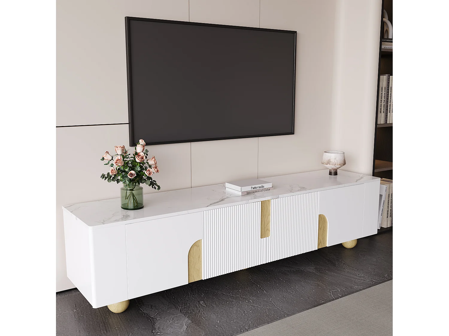 Meuble TV 180cm, 4 portes, Design élégant, Surface effet marbre, Pieds ronds en bois (180x40x44cm)