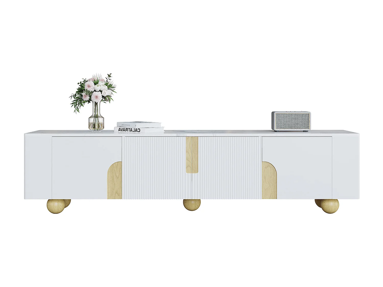 Meuble TV 180cm, 4 portes, Design élégant, Surface effet marbre, Pieds ronds en bois (180x40x44cm)