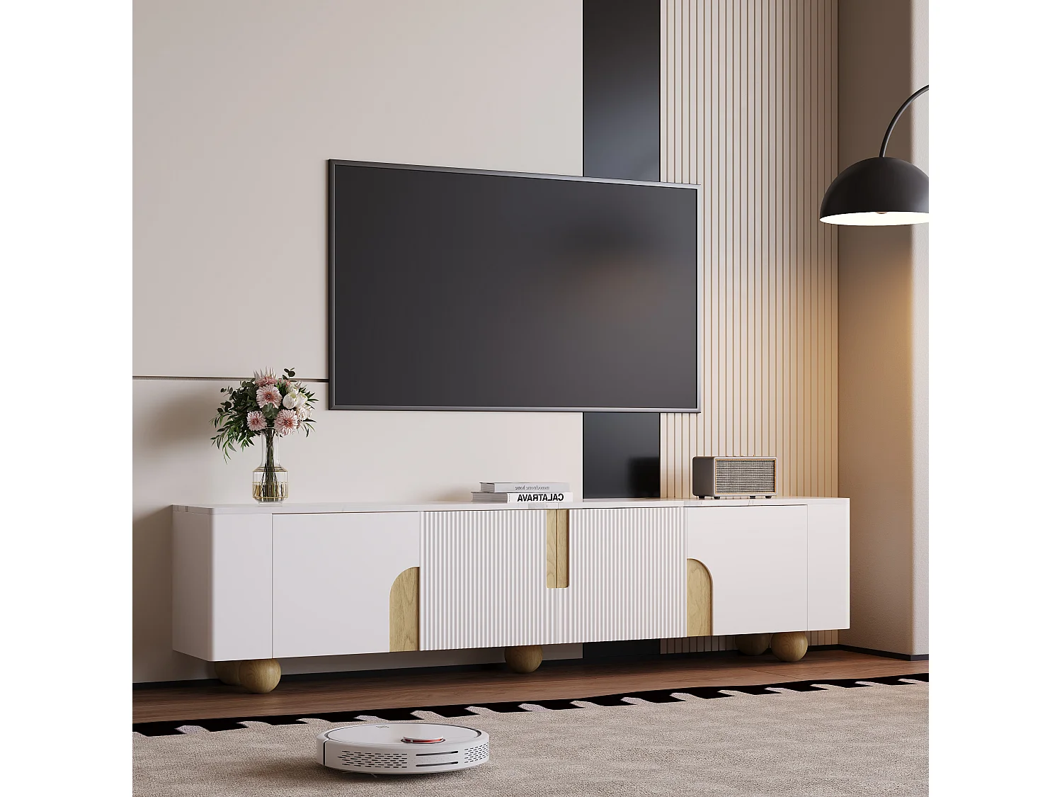 Meuble TV 180cm, 4 portes, Design élégant, Surface effet marbre, Pieds ronds en bois (180x40x44cm)
