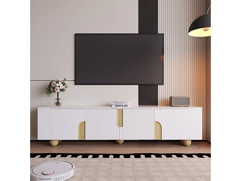 Meuble TV 180cm, 4 portes, Design élégant, Surface effet marbre, Pieds ronds en bois (180x40x44cm)