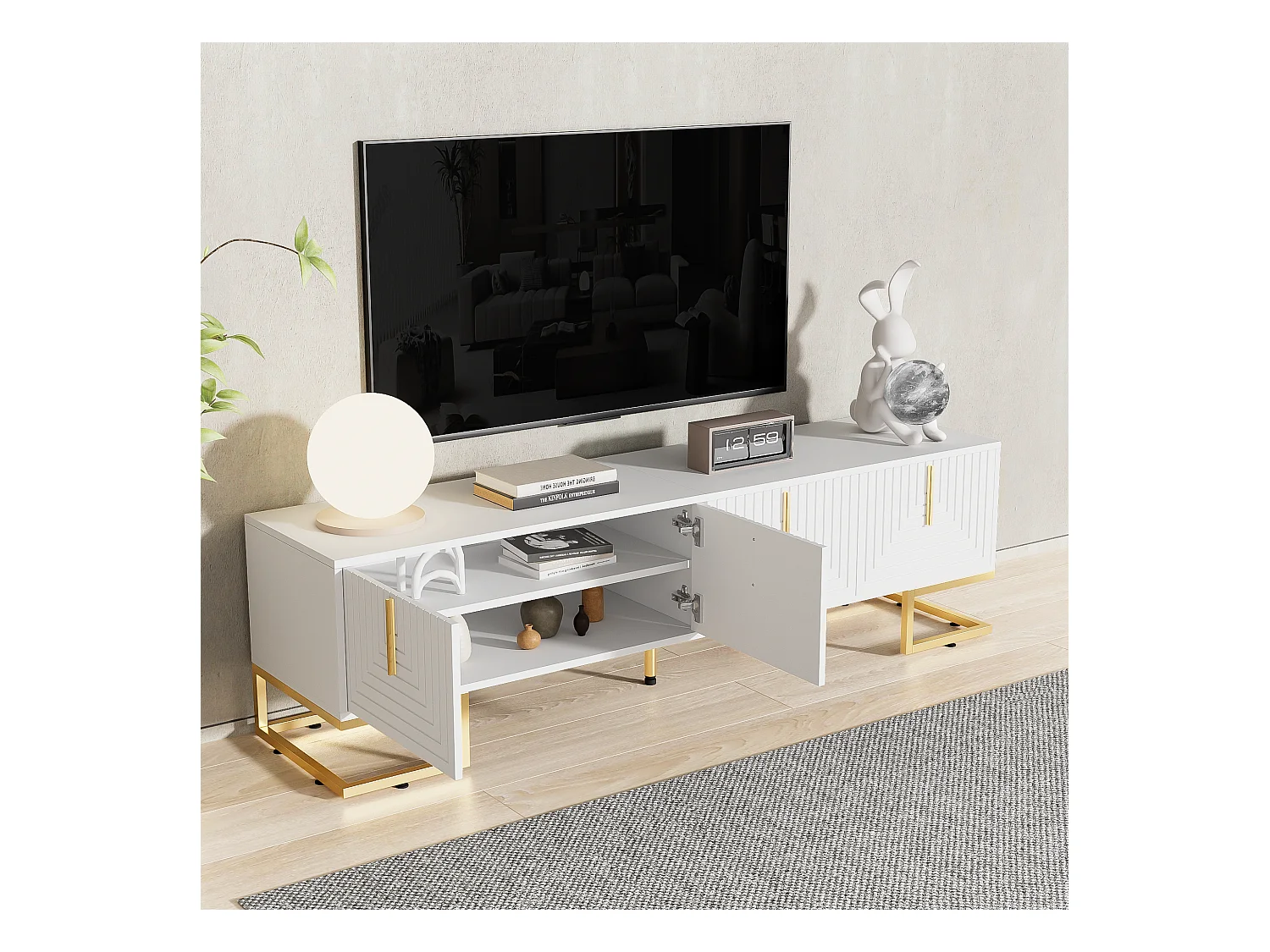 Meuble TV, design avec portes texturées, 1 tiroir, 3 portes, pieds dorés, MDF, blanc (170x40x45.5cm)