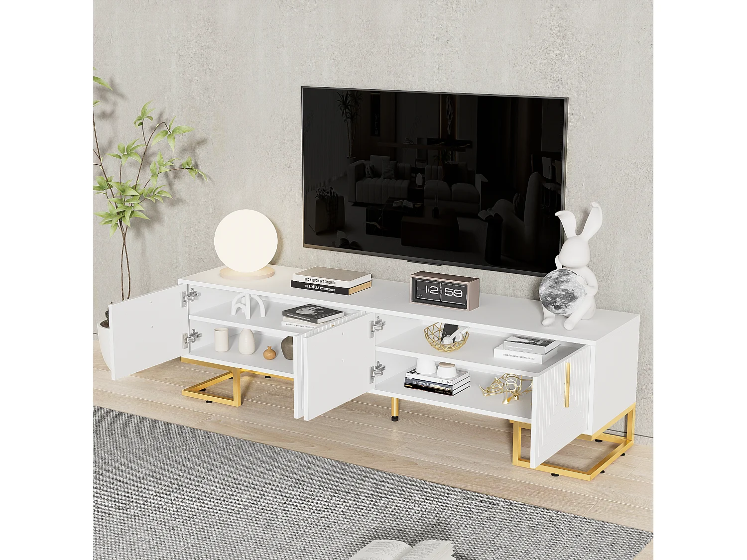 Meuble TV, design avec portes texturées, 1 tiroir, 3 portes, pieds dorés, MDF, blanc (170x40x45.5cm)