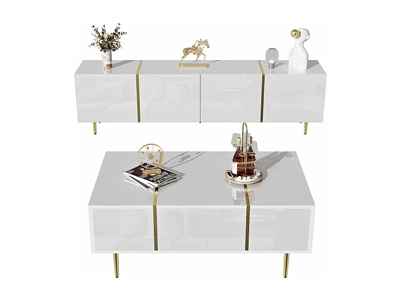 Set Meuble TV et Table Basse Haut Brillant Blanc, Design Élégant, MDF (170x35x46cm / 100x60x41.5cm)