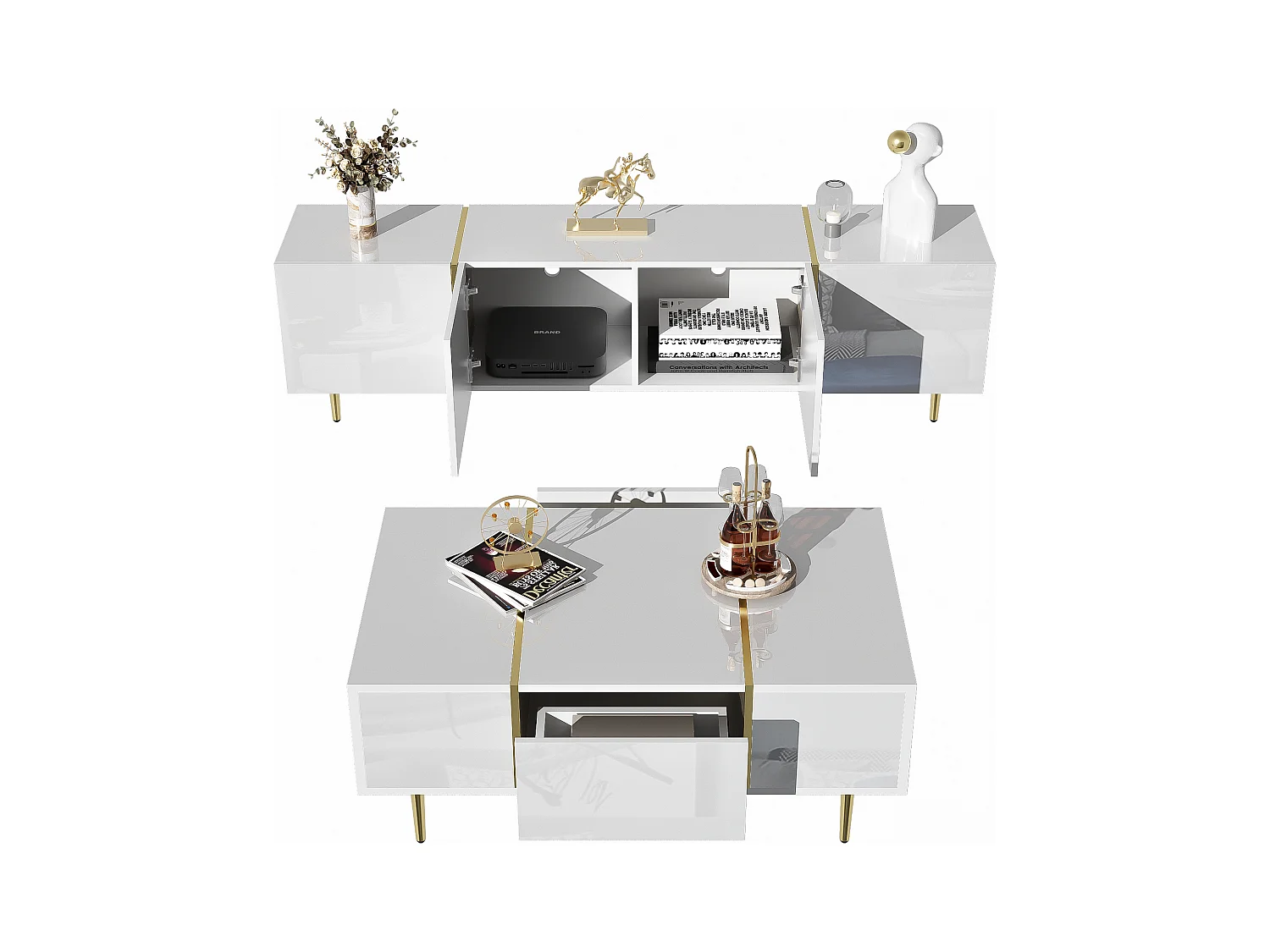 Set Meuble TV et Table Basse Haut Brillant Blanc, Design Élégant, MDF (170x35x46cm / 100x60x41.5cm)