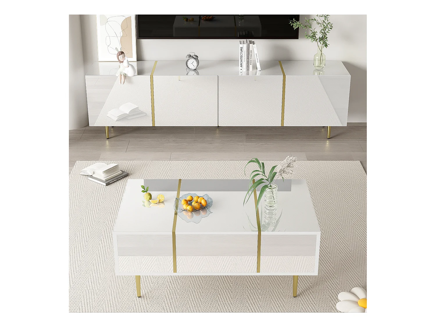 Set Meuble TV et Table Basse Haut Brillant Blanc, Design Élégant, MDF (170x35x46cm / 100x60x41.5cm)