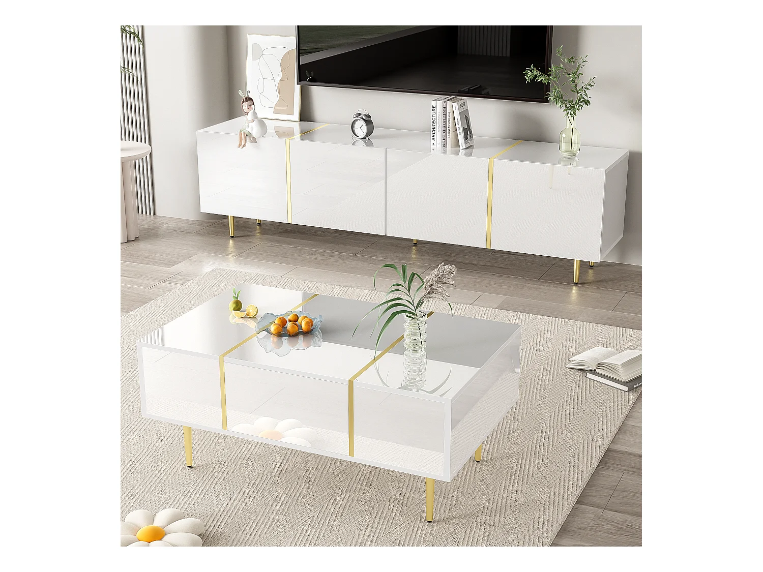 Set Meuble TV et Table Basse Haut Brillant Blanc, Design Élégant, MDF (170x35x46cm / 100x60x41.5cm)