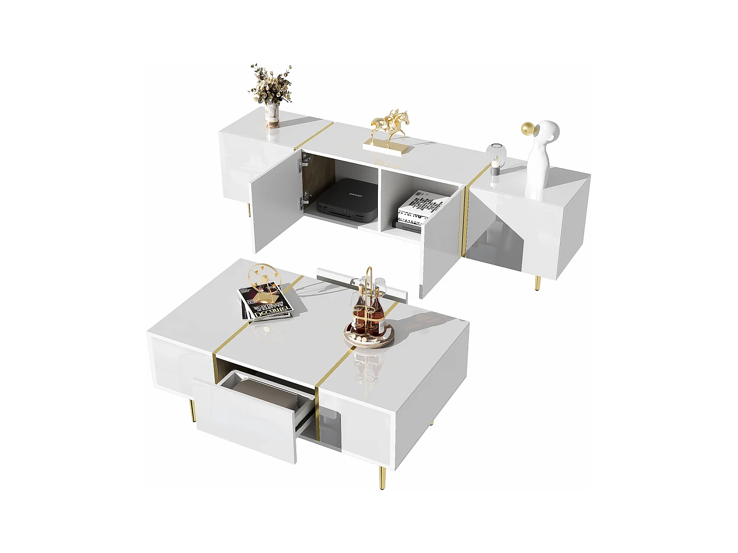 Set Meuble TV et Table Basse Haut Brillant Blanc, Design Élégant, MDF (170x35x46cm / 100x60x41.5cm)