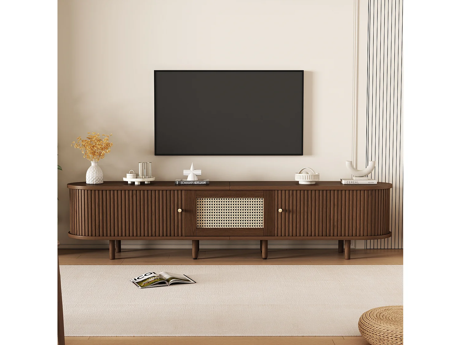 TV-Ständer oval avec design en rotin, MDF, pieds réglables, capacité de charge de 30 kg (180x40x40cm)