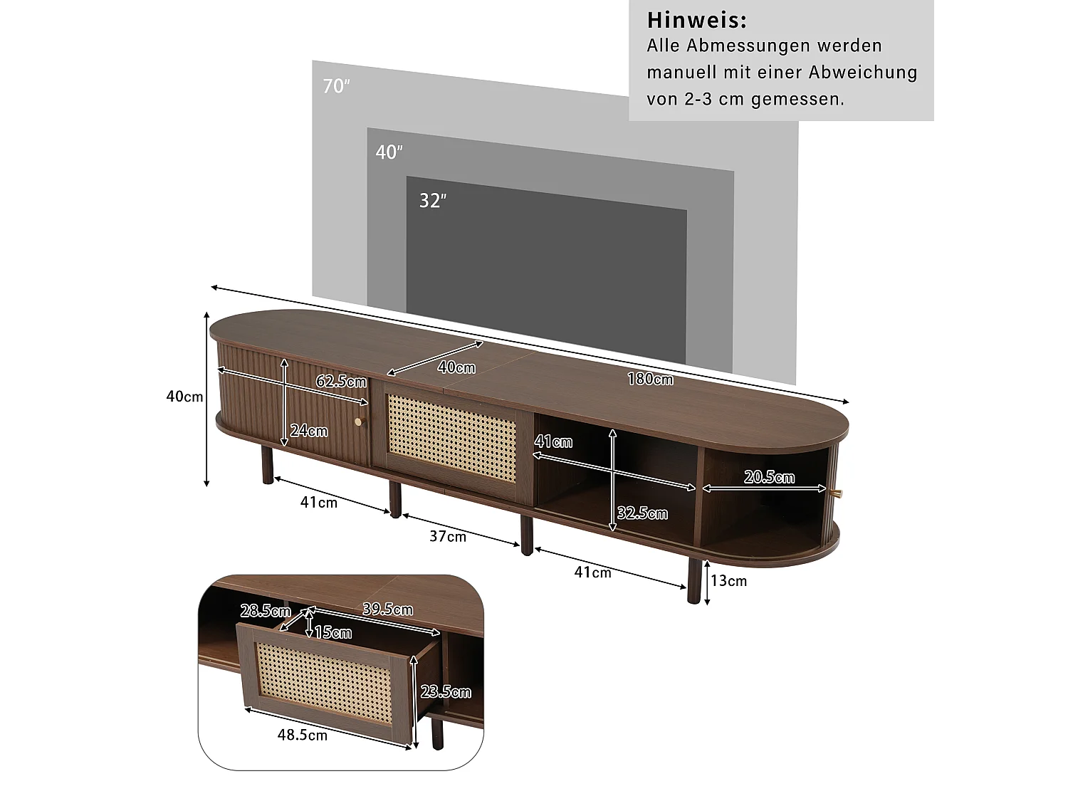 TV-Ständer oval avec design en rotin, MDF, pieds réglables, capacité de charge de 30 kg (180x40x40cm)