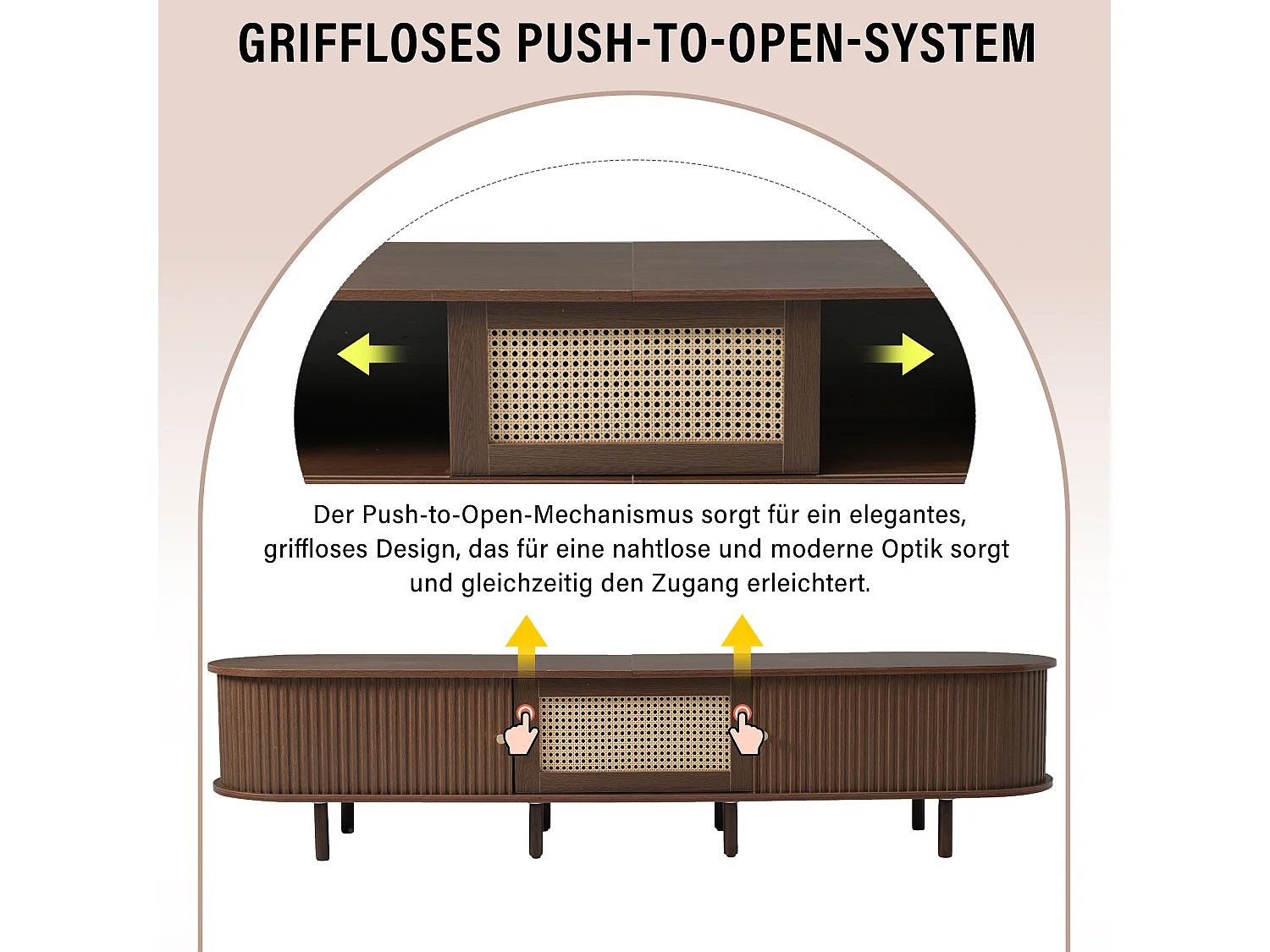 TV-Ständer oval avec design en rotin, MDF, pieds réglables, capacité de charge de 30 kg (180x40x40cm)