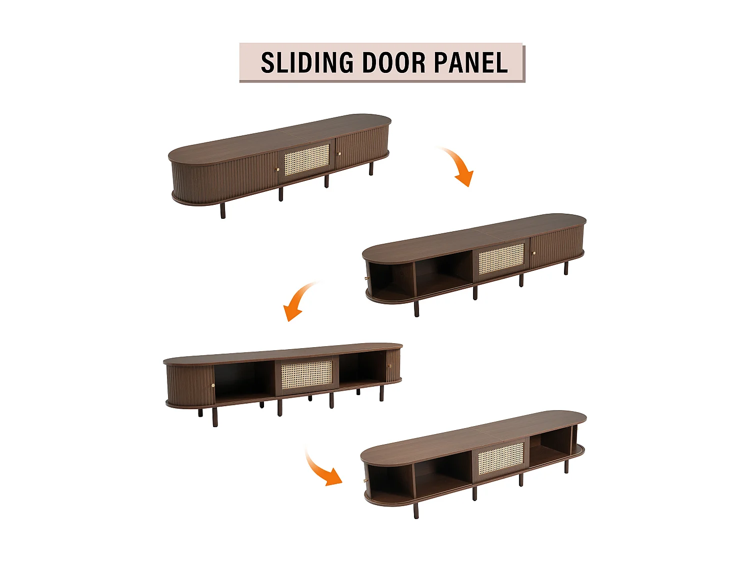 TV-Ständer oval avec design en rotin, MDF, pieds réglables, capacité de charge de 30 kg (180x40x40cm)