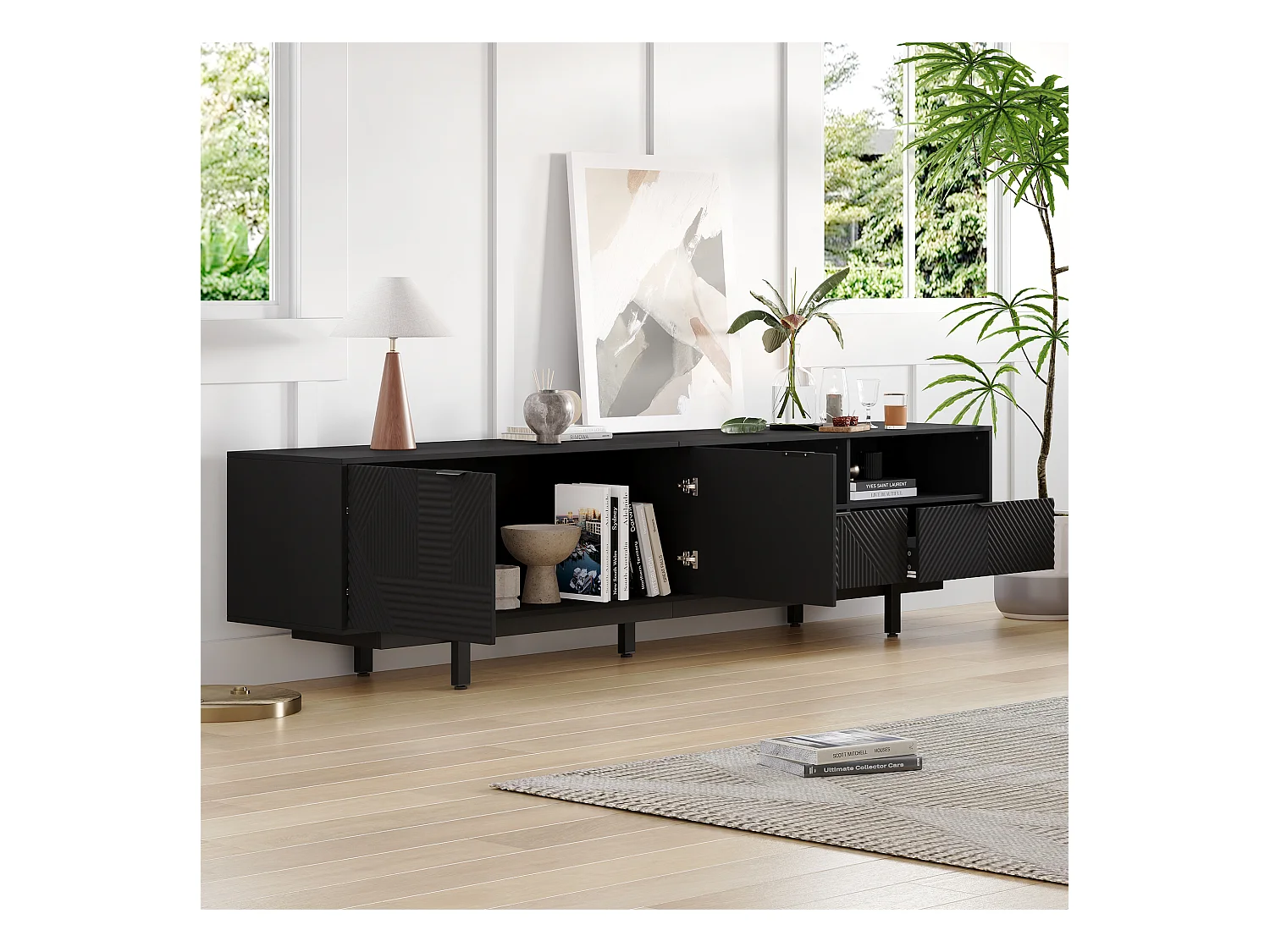 Meuble TV moderne design géométrique, 2 portes et 1 tiroir, pieds en métal, pour TV jusqu'à 90 pouces, noir (200x40x51 cm)