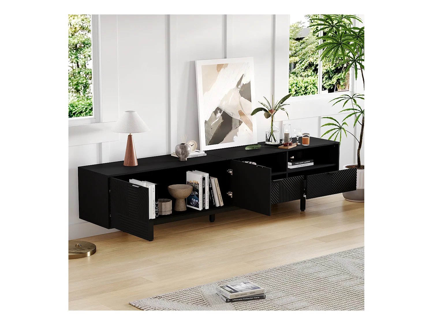 Meuble TV moderne design géométrique, 2 portes et 1 tiroir, pieds en métal, pour TV jusqu'à 90 pouces, noir (200x40x51 cm)