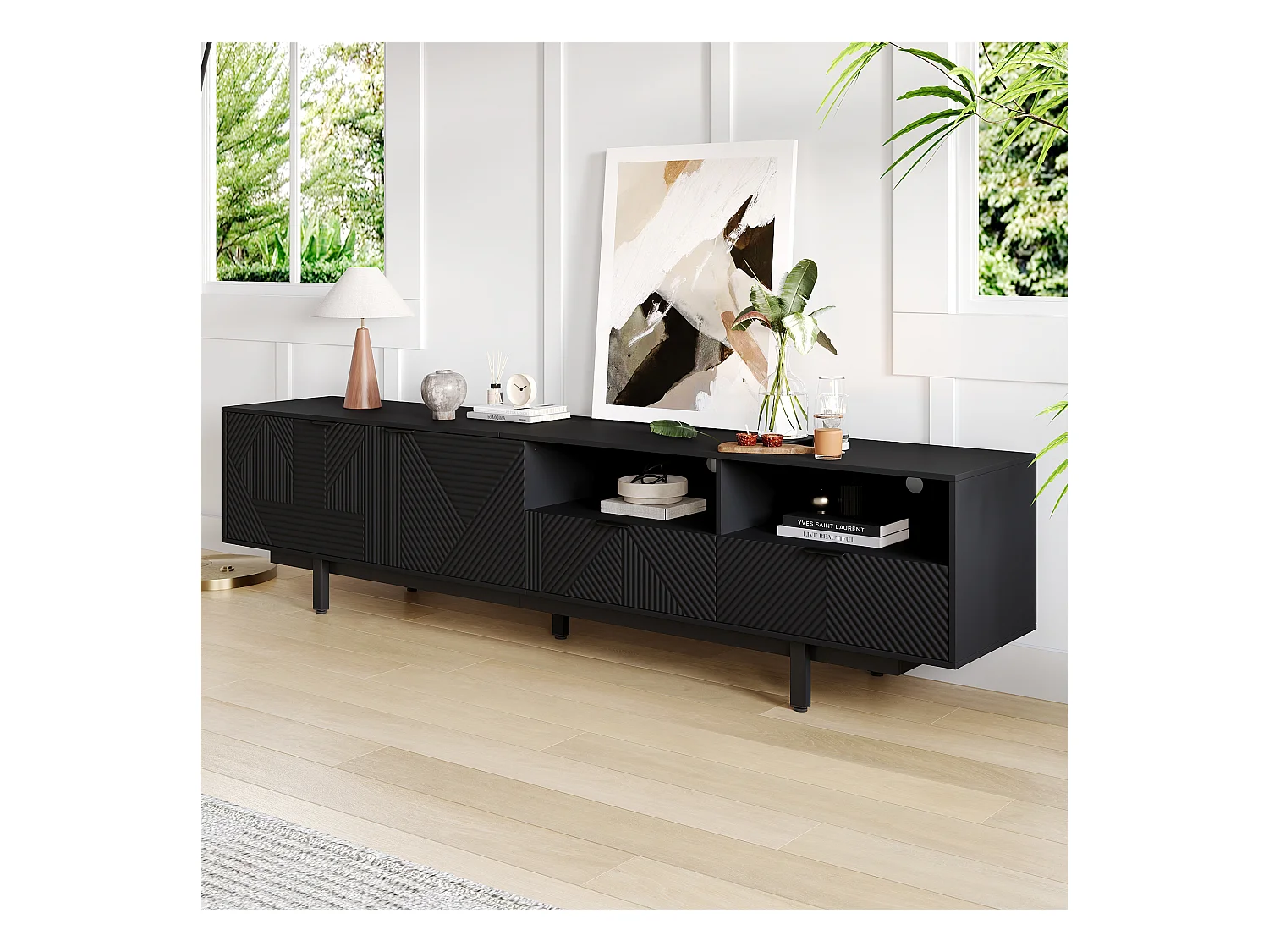 Meuble TV moderne design géométrique, 2 portes et 1 tiroir, pieds en métal, pour TV jusqu'à 90 pouces, noir (200x40x51 cm)