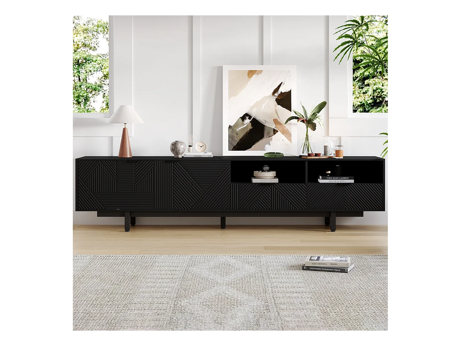 Meuble TV moderne design géométrique, 2 portes et 1 tiroir, pieds en métal, pour TV jusqu'à 90 pouces, noir (200x40x51 cm)