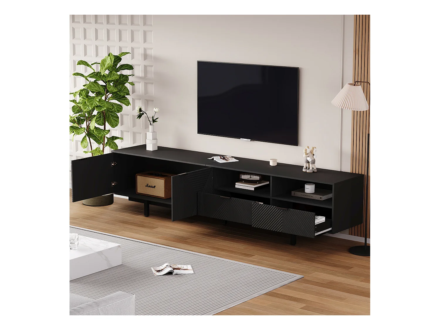 Meuble TV moderne design géométrique, 2 portes et 1 tiroir, pieds en métal, pour TV jusqu'à 90 pouces, noir (200x40x51 cm)