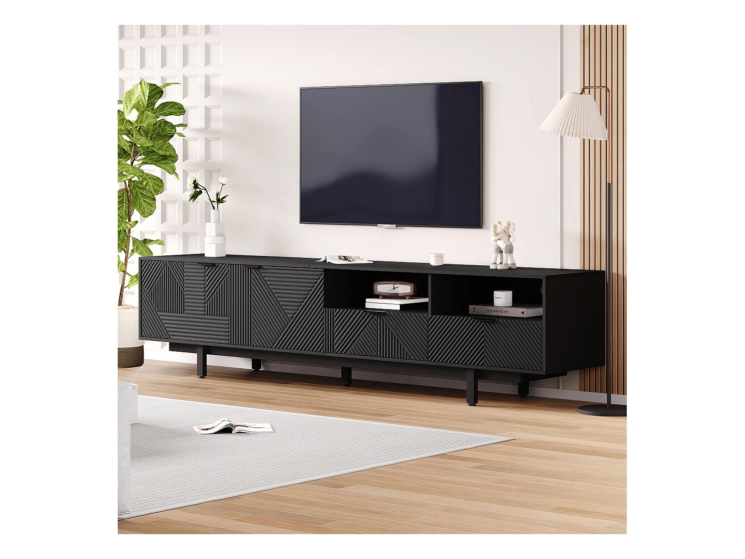 Meuble TV moderne design géométrique, 2 portes et 1 tiroir, pieds en métal, pour TV jusqu'à 90 pouces, noir (200x40x51 cm)