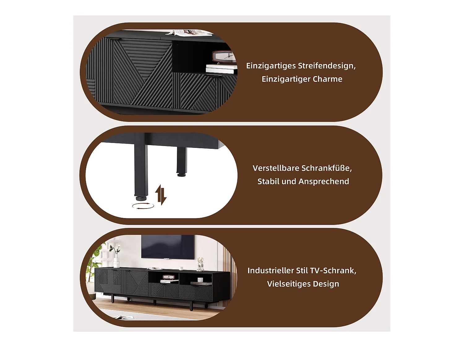 Meuble TV moderne design géométrique, 2 portes et 1 tiroir, pieds en métal, pour TV jusqu'à 90 pouces, noir (200x40x51 cm)