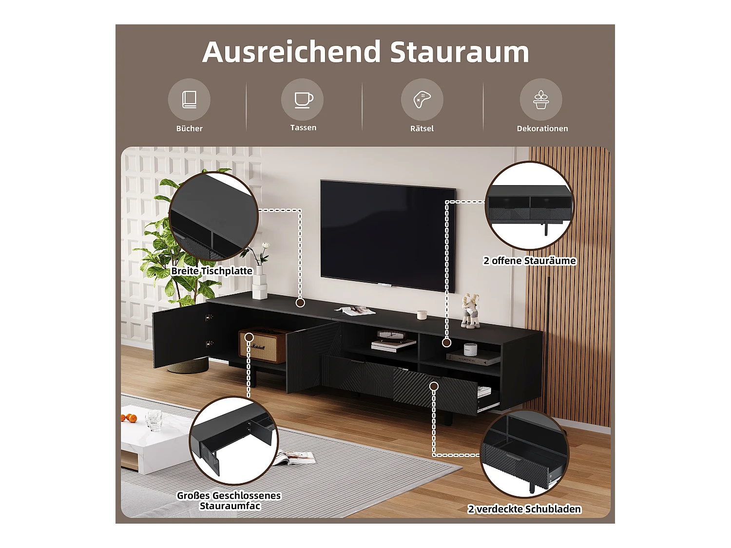 Meuble TV moderne design géométrique, 2 portes et 1 tiroir, pieds en métal, pour TV jusqu'à 90 pouces, noir (200x40x51 cm)