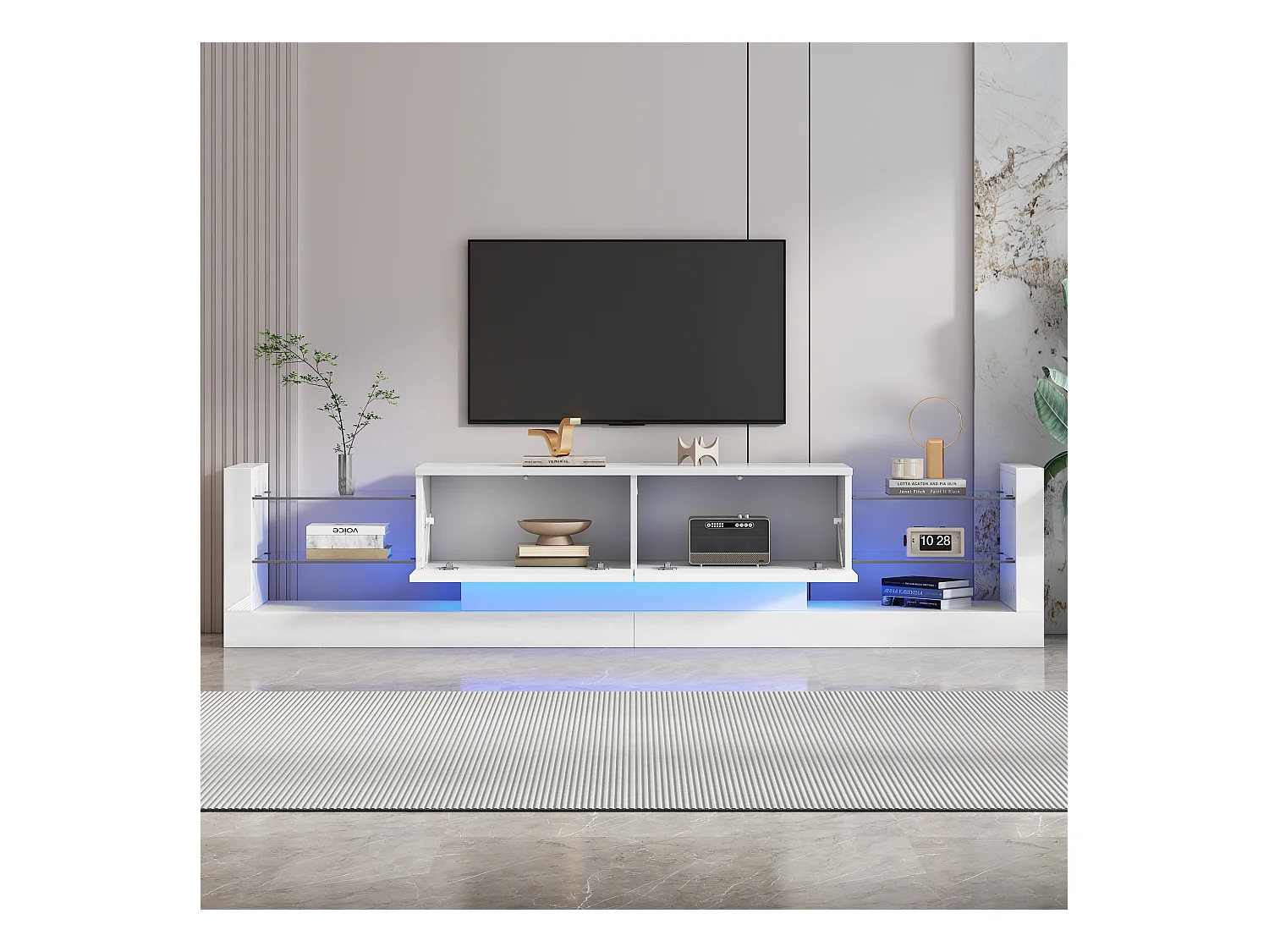 Meuble TV haut de gamme avec éclairage LED, façade en verre, 2 tiroirs, design moderne, blanc (181x38x38 cm)
