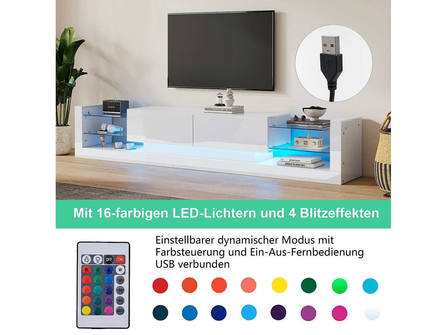 Meuble TV haut de gamme avec éclairage LED, façade en verre, 2 tiroirs, design moderne, blanc (181x38x38 cm)