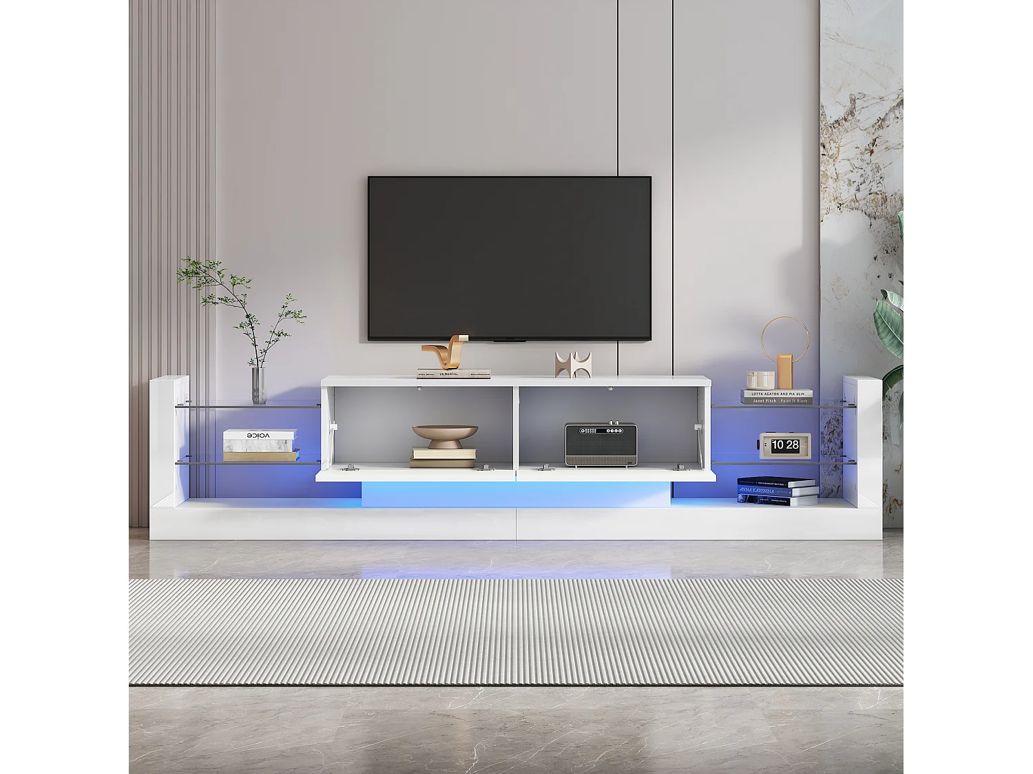 Meuble TV haut de gamme avec éclairage LED, façade en verre, 2 tiroirs, design moderne, blanc (181x38x38 cm)