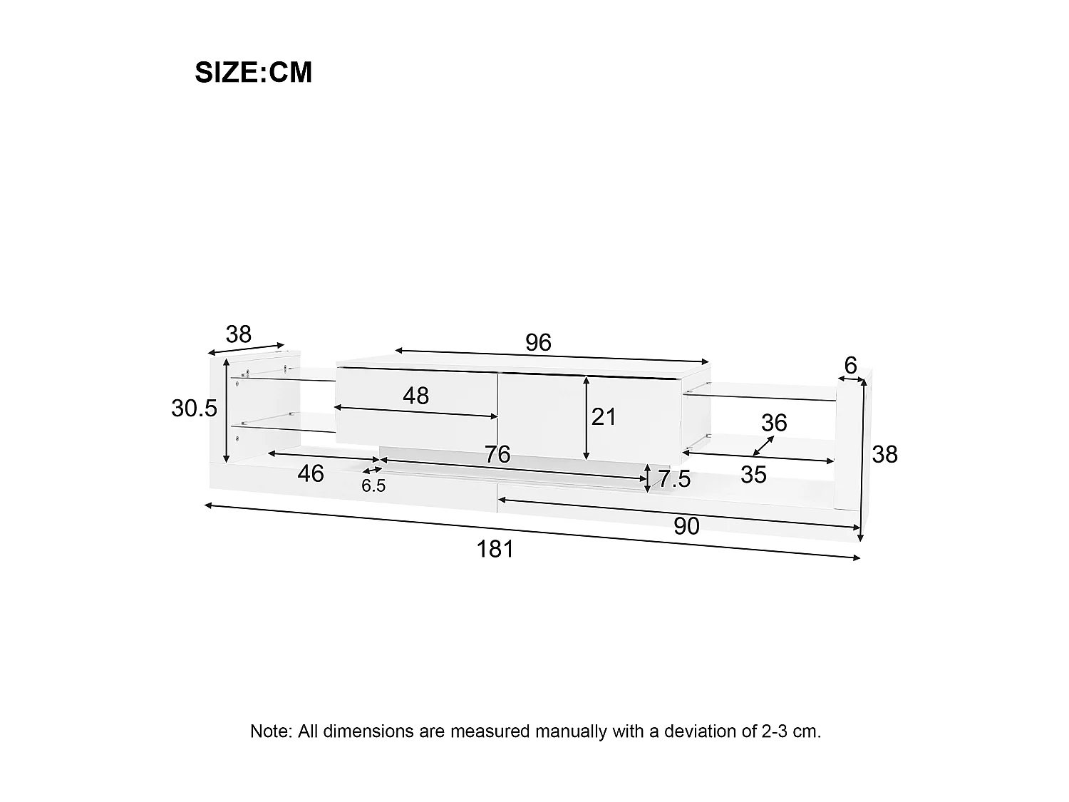 Meuble TV haut de gamme avec éclairage LED, façade en verre, 2 tiroirs, design moderne, blanc (181x38x38 cm)