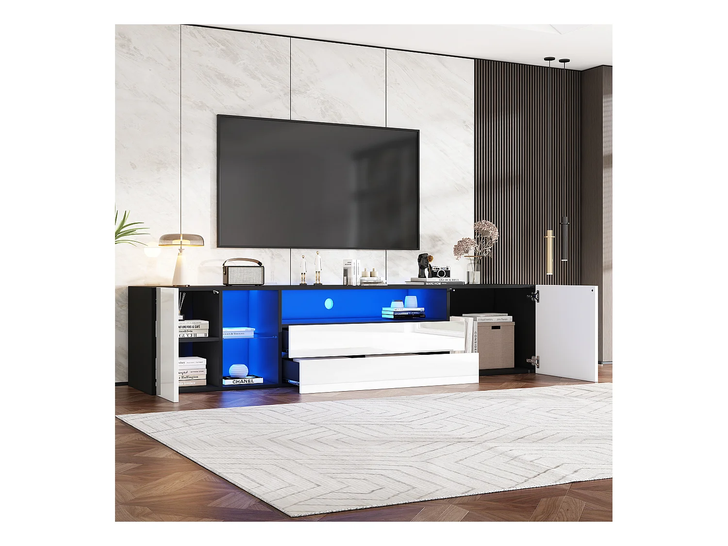 Meuble TV 180cm avec 2 Tiroirs et 2 Armoires, Design Haut Brillant avec LED, Compatible 75 pouces, Noir et Blanc (180x40x45cm)