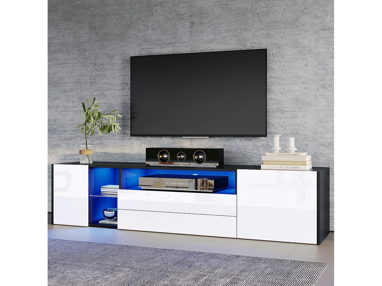 TV-meubel van 180 cm met 2 lades en 2 kasten, hoogglans design met led, geschikt voor 75 inch, zwart-wit (180x40x45cm)