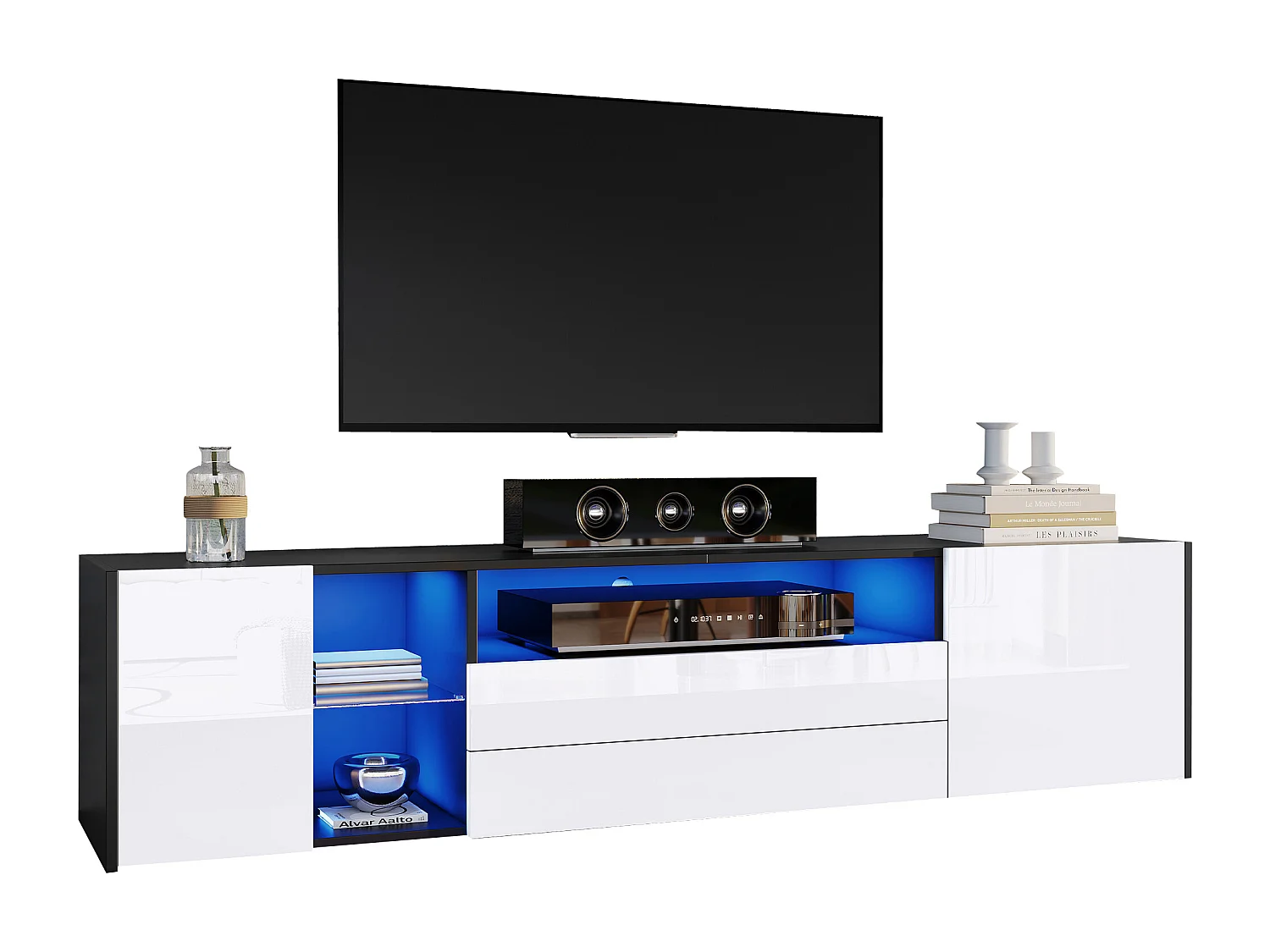 TV-meubel van 180 cm met 2 lades en 2 kasten, hoogglans design met led, geschikt voor 75 inch, zwart-wit (180x40x45cm)