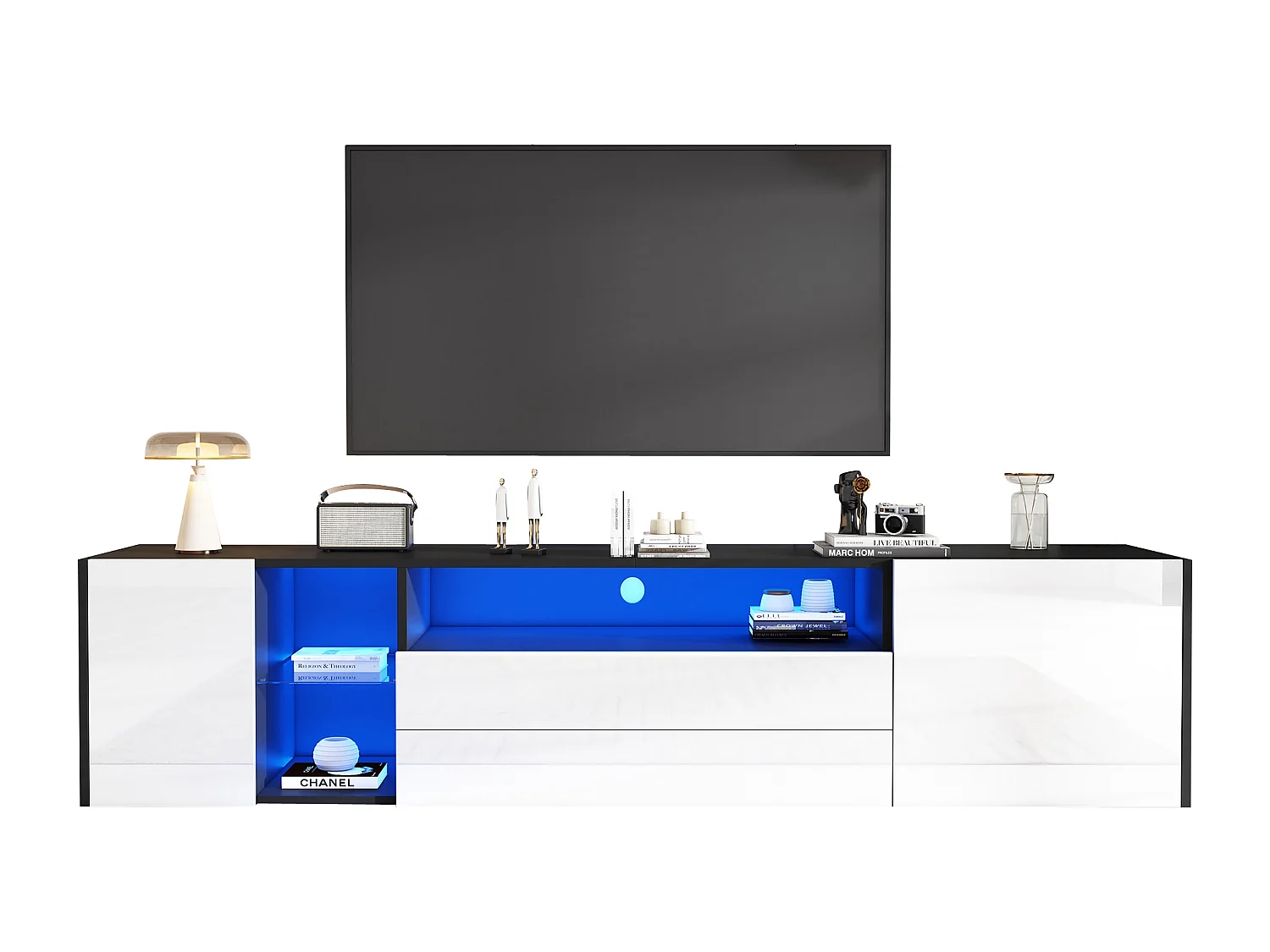 TV-meubel van 180 cm met 2 lades en 2 kasten, hoogglans design met led, geschikt voor 75 inch, zwart-wit (180x40x45cm)
