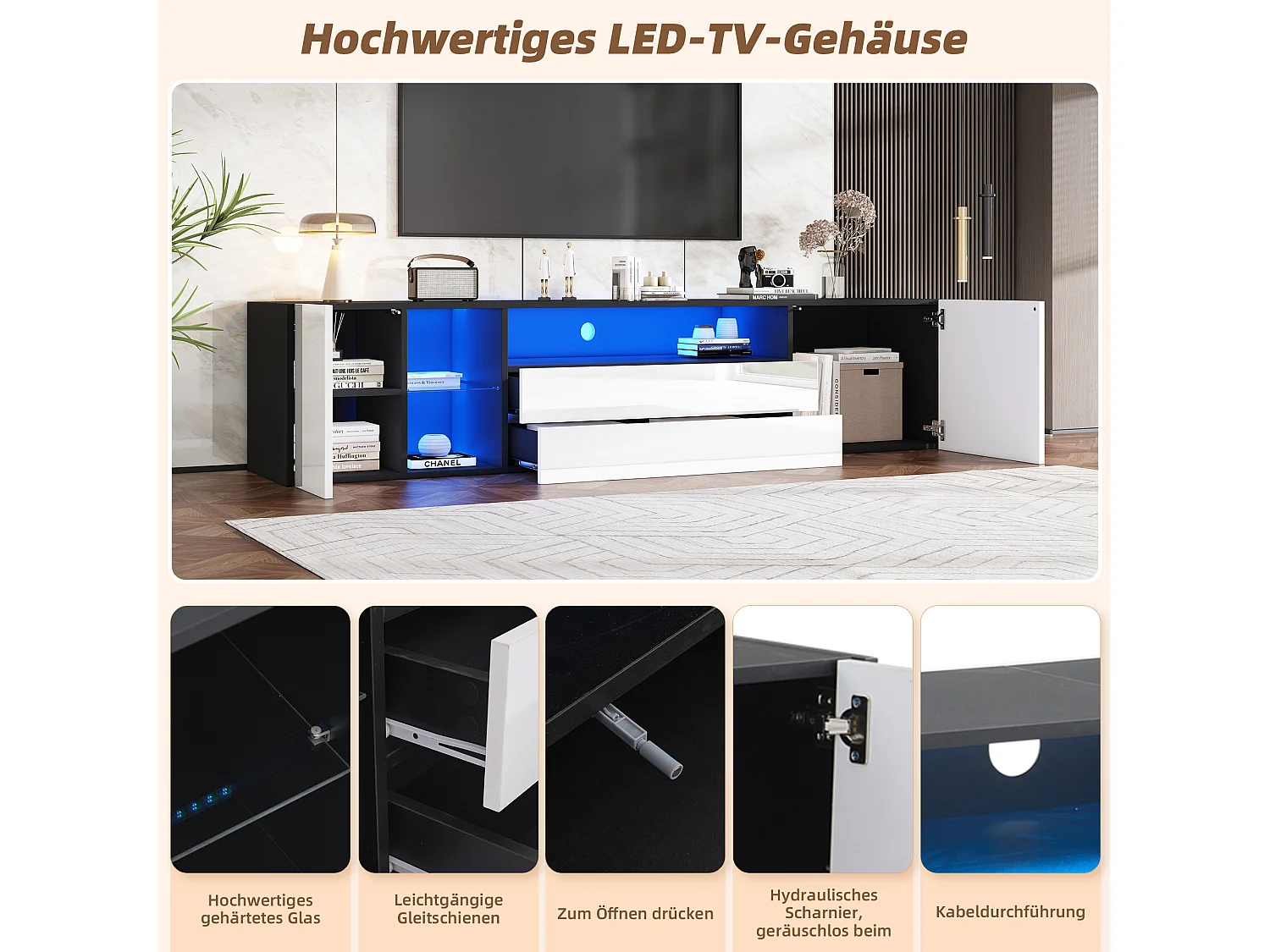 TV-meubel van 180 cm met 2 lades en 2 kasten, hoogglans design met led, geschikt voor 75 inch, zwart-wit (180x40x45cm)