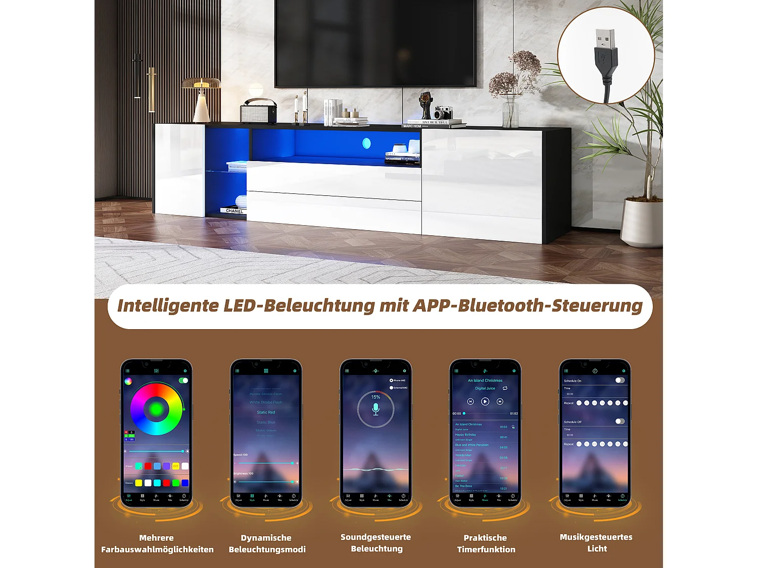 TV-meubel van 180 cm met 2 lades en 2 kasten, hoogglans design met led, geschikt voor 75 inch, zwart-wit (180x40x45cm)