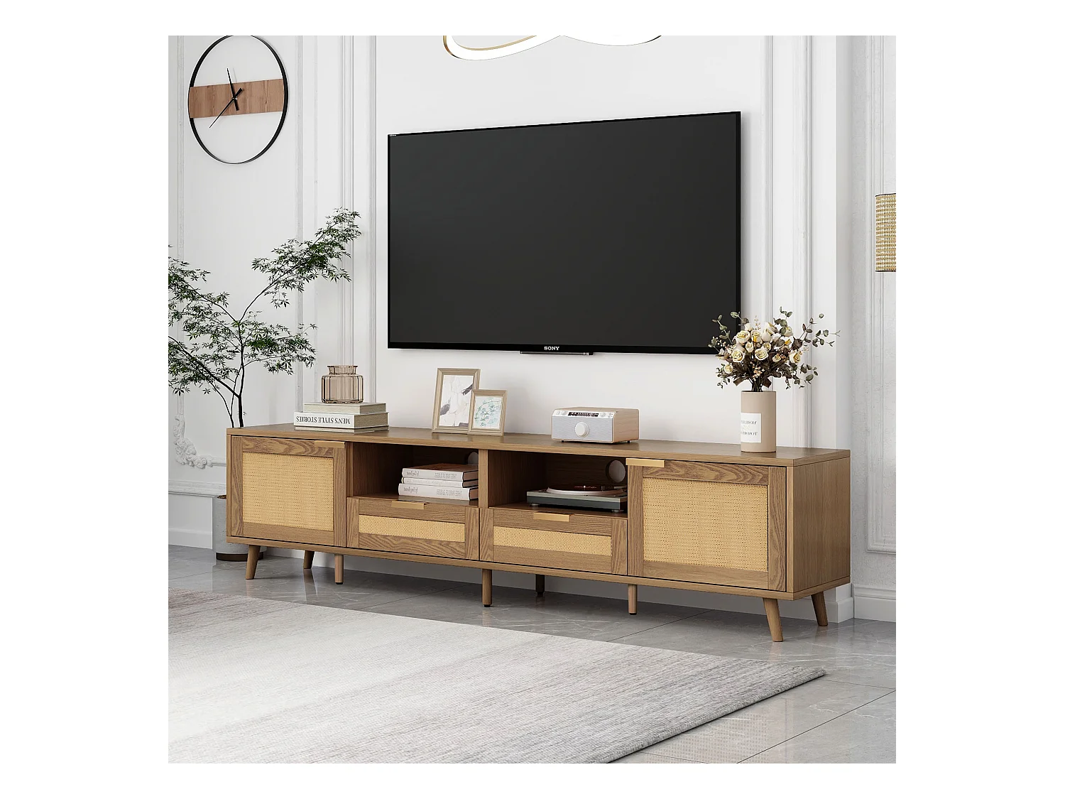 Meuble TV avec portes coulissantes en rotin et tiroirs, bois massif, 160x37x49cm, pour TV jusqu'à 70 pouces