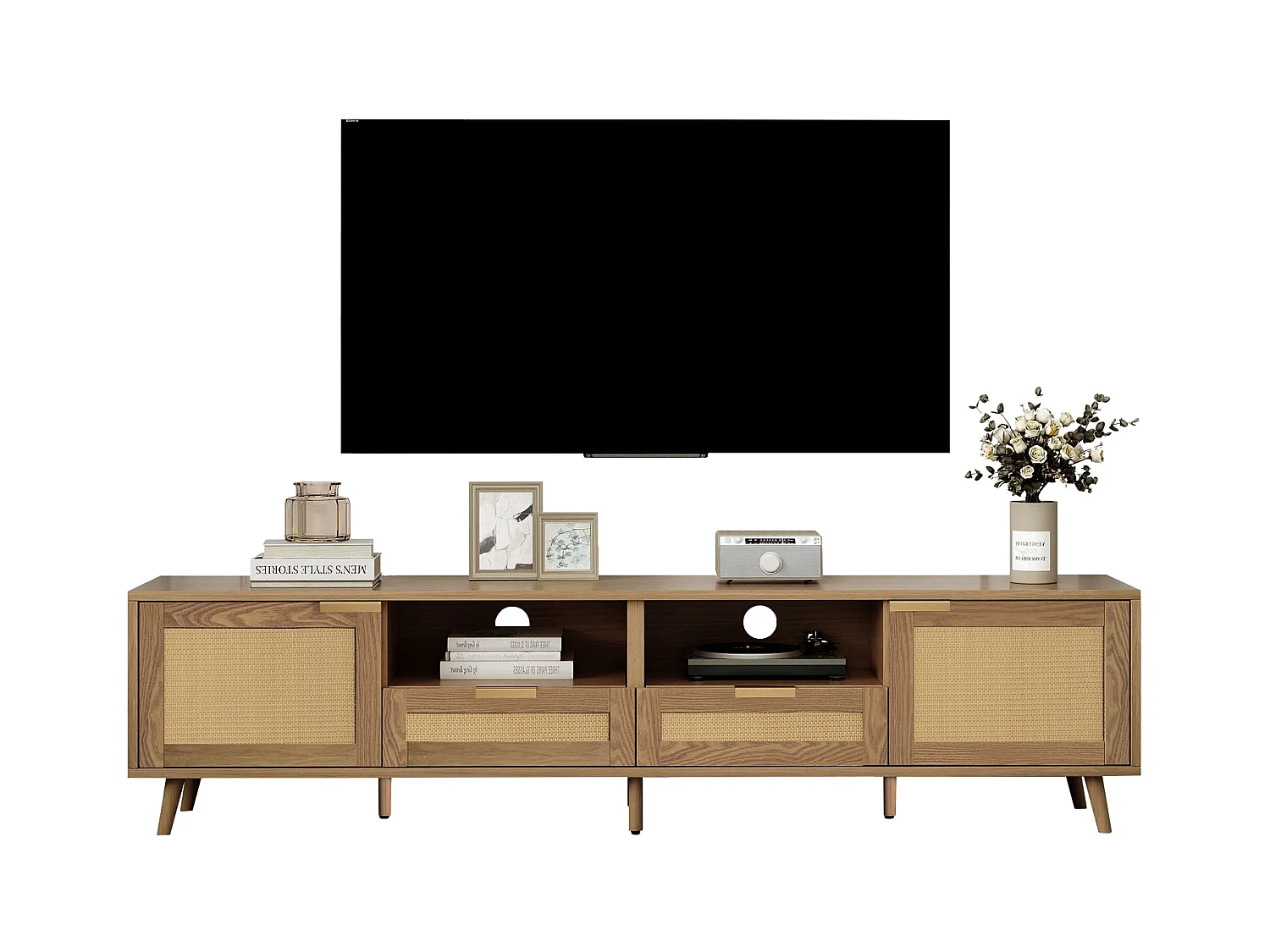 Meuble TV avec portes coulissantes en rotin et tiroirs, bois massif, 160x37x49cm, pour TV jusqu'à 70 pouces